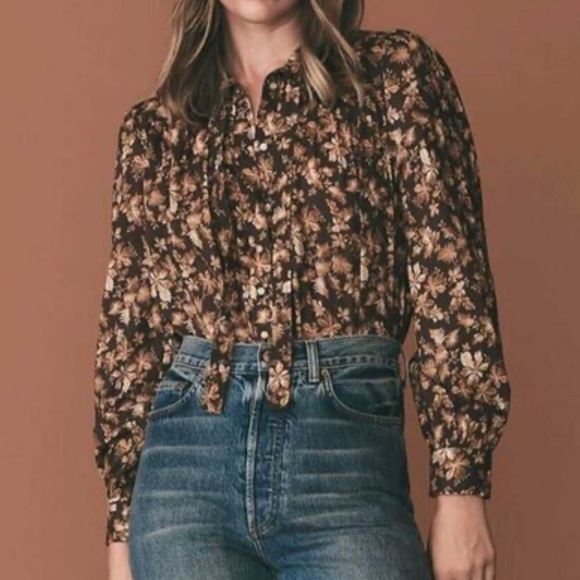 Doen Tops - Dôen Brown and Cream Norma Fern Grove Floral Long Sleeve Blouse
